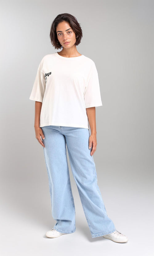 R208604-Crew Neck Printed Cotton Tee - Off-White