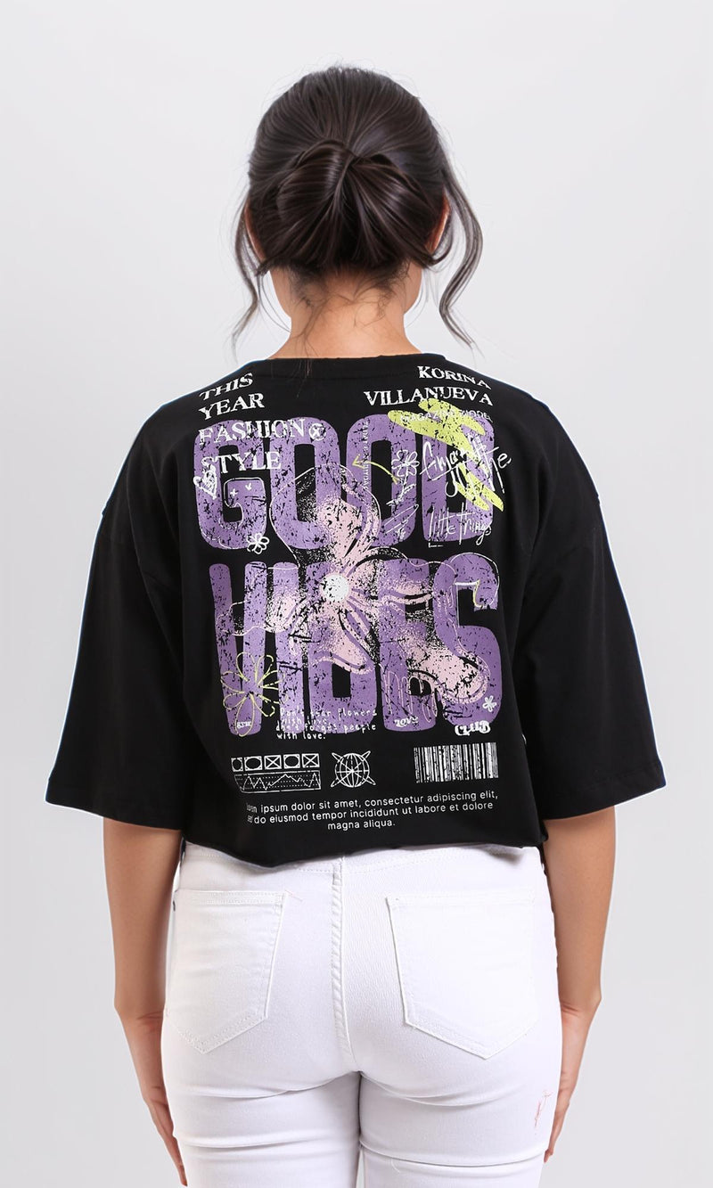 R208611-Elbow-Sleeves Printed Short Tee - Black