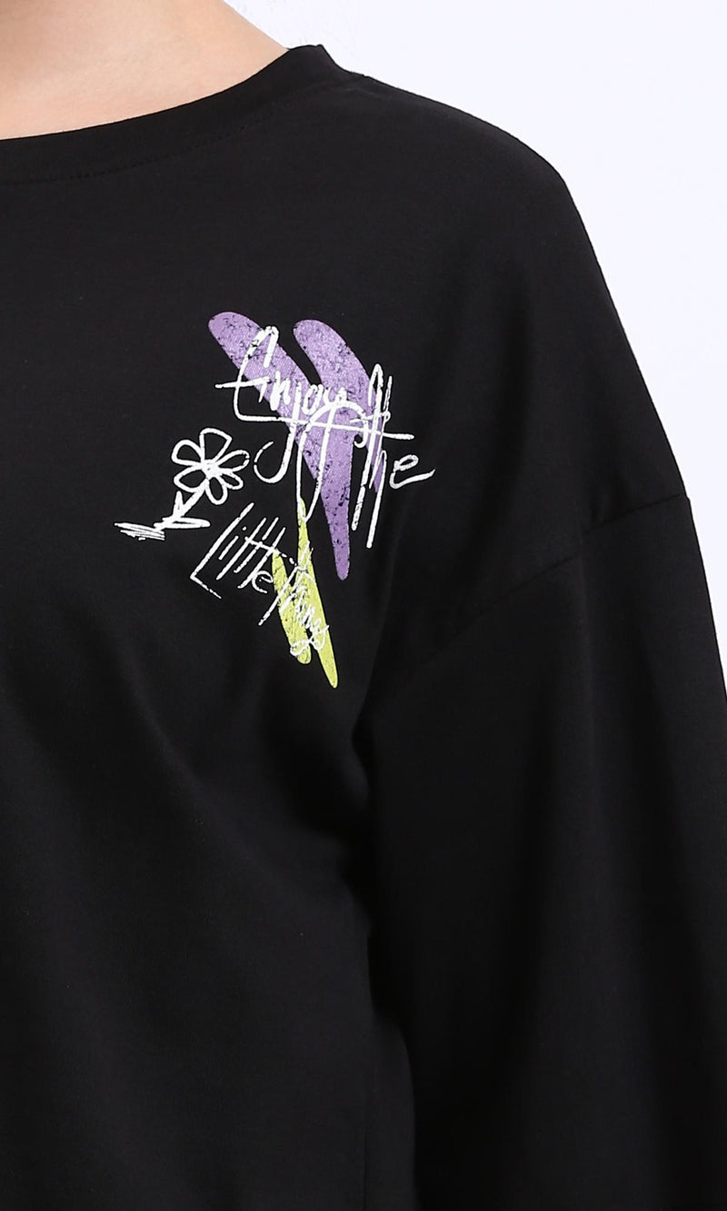 R208611-Elbow-Sleeves Printed Short Tee - Black