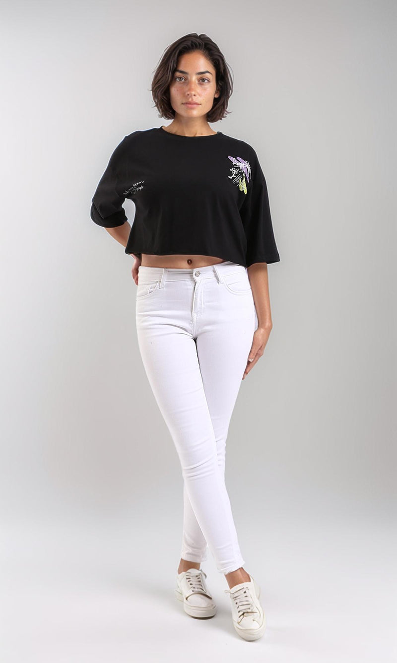 R208611-Elbow-Sleeves Printed Short Tee - Black