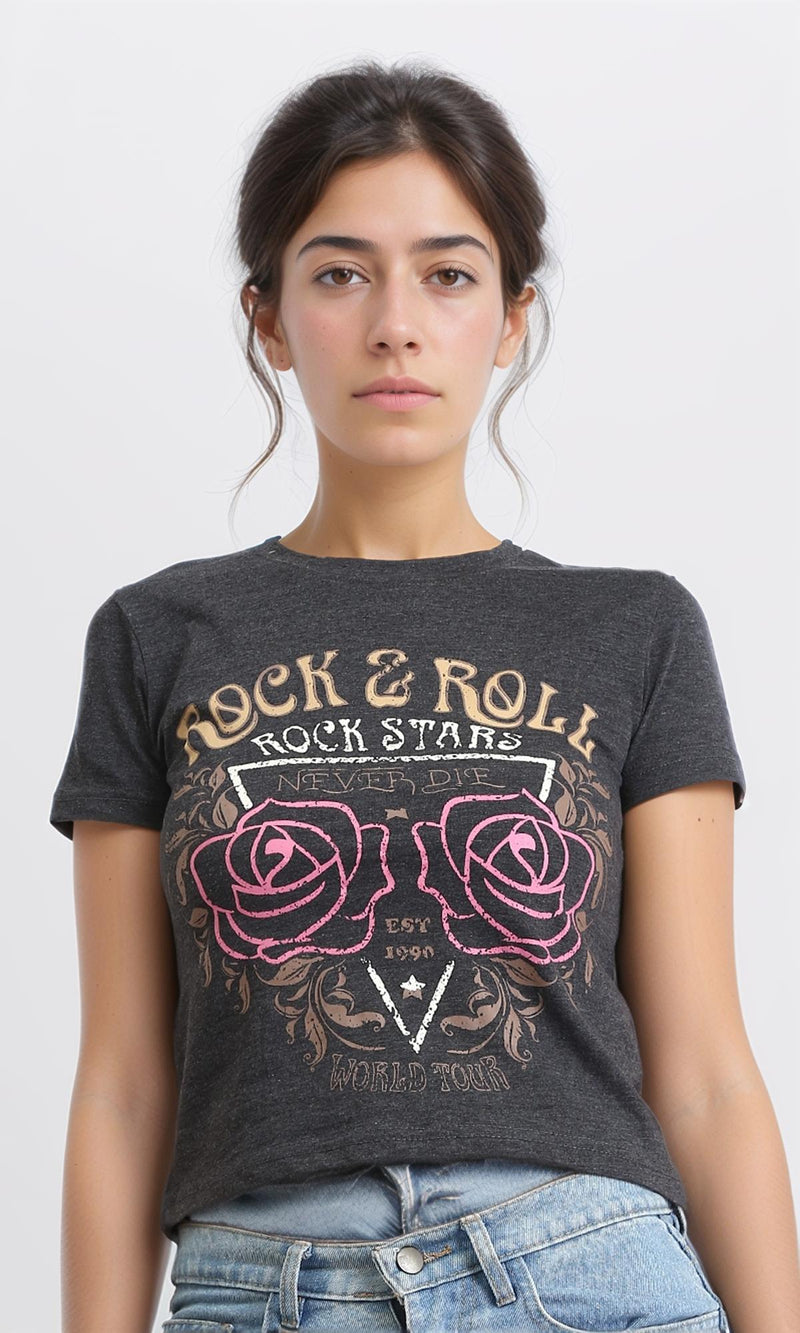 R208612 - "Rock & Roll" Short Sleeves Feminine Tee - Heather Dark Grey