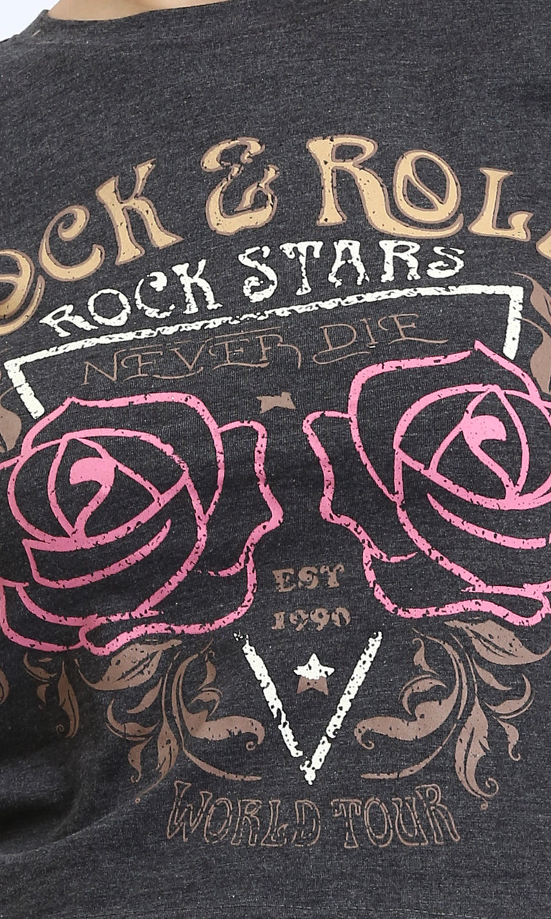 R208612 - "Rock & Roll" Short Sleeves Feminine Tee - Heather Dark Grey