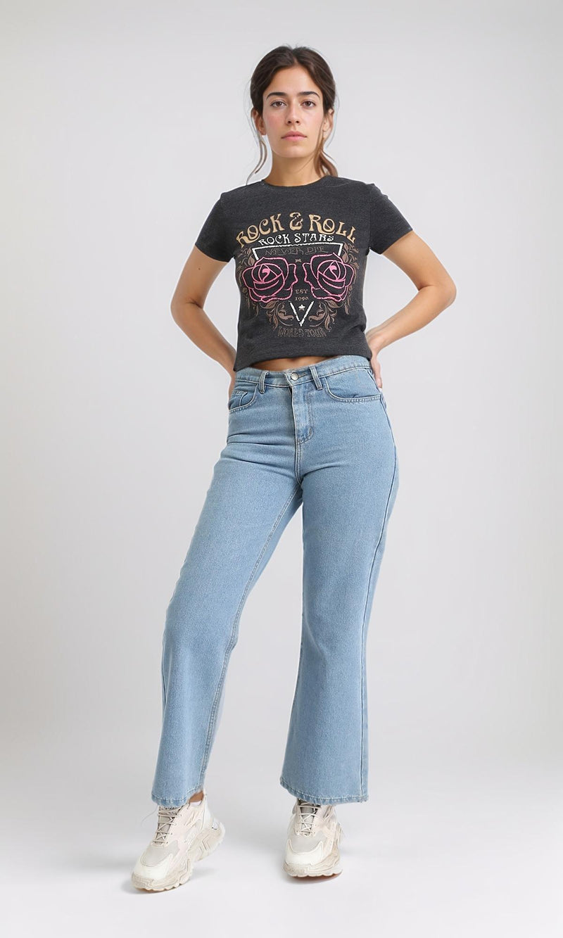 R208612 - "Rock & Roll" Short Sleeves Feminine Tee - Heather Dark Grey