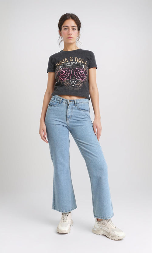 R208612 - "Rock & Roll" Short Sleeves Feminine Tee - Heather Dark Grey