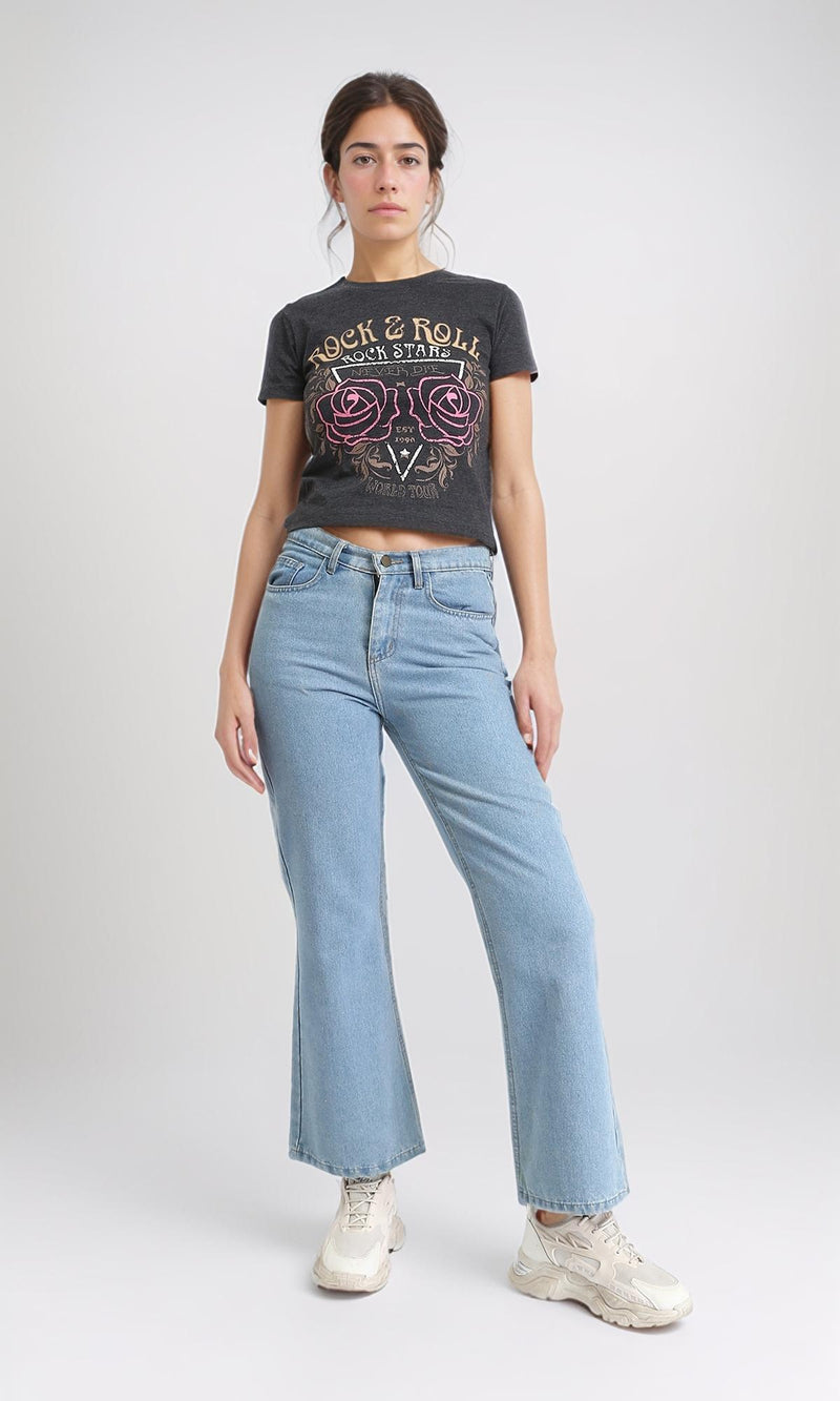 R208612 - "Rock & Roll" Short Sleeves Feminine Tee - Heather Dark Grey