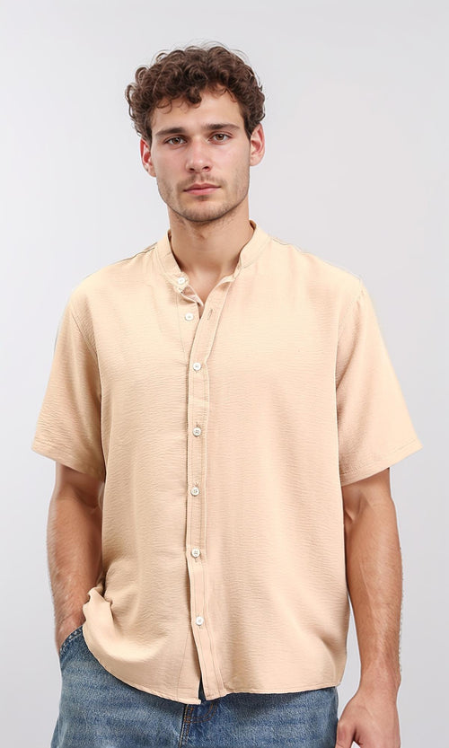 Mandarin Collar Short Sleeves Shirt - Dark Nude