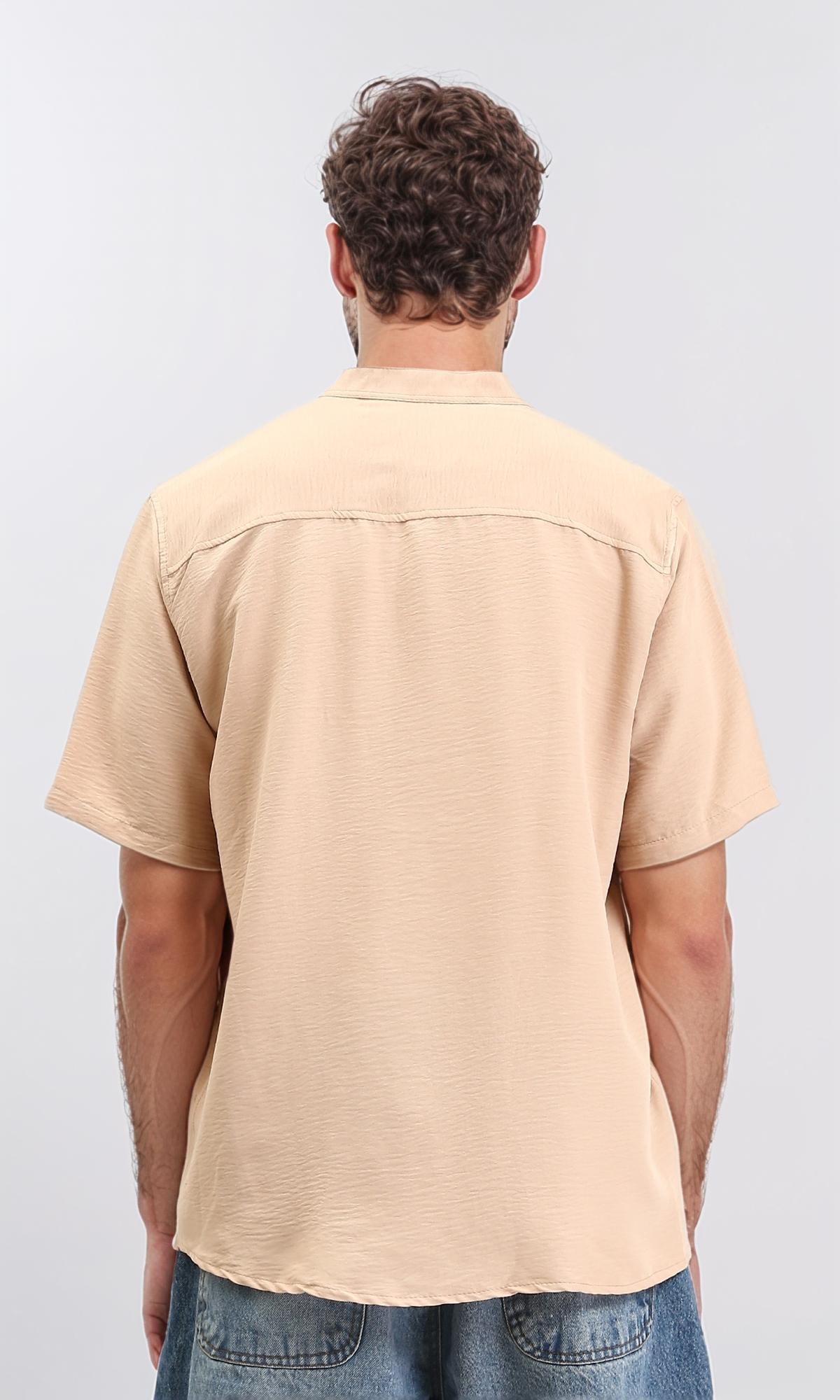 R208618 - Mandarin Collar Short Sleeves Shirt - Dark Nude
