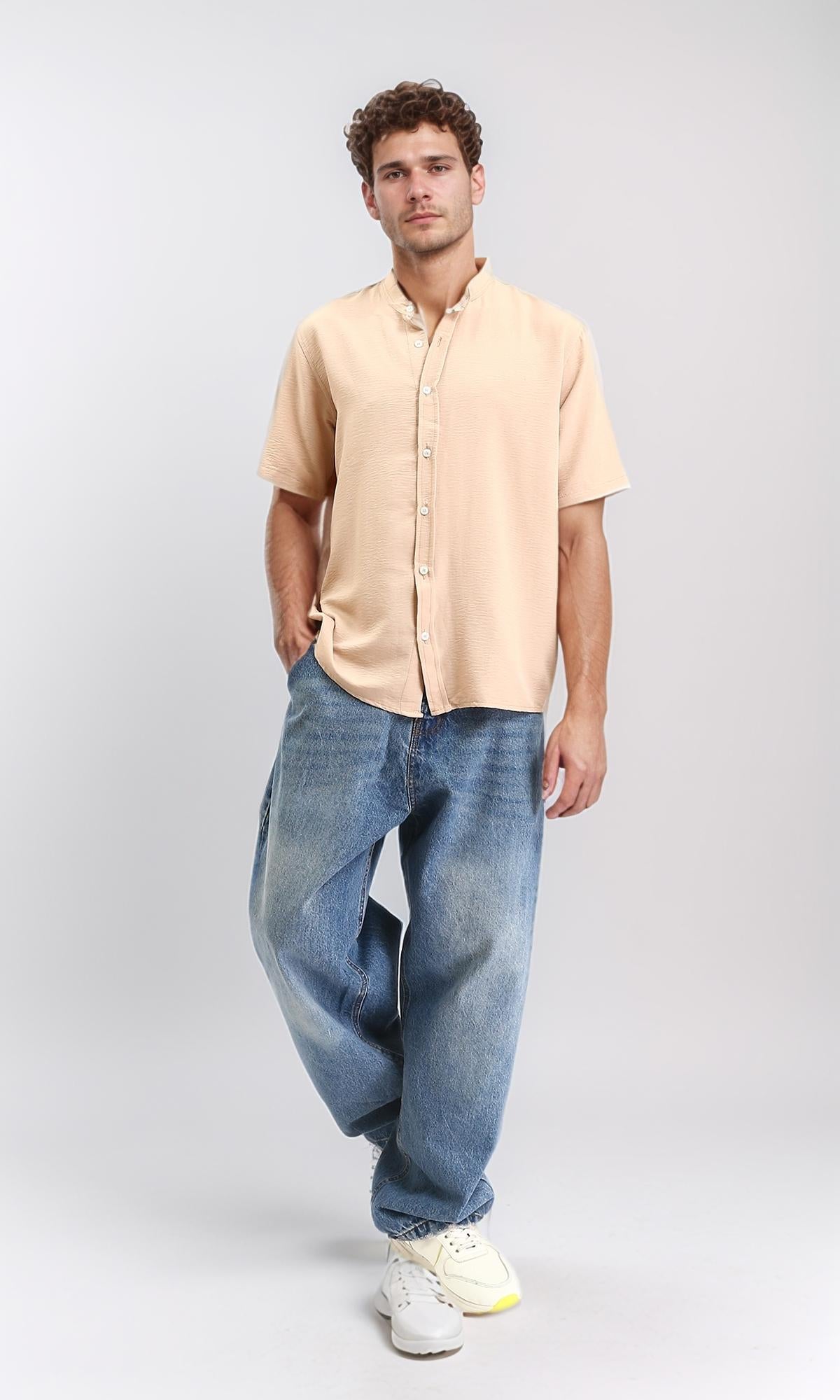 R208618 - Mandarin Collar Short Sleeves Shirt - Dark Nude