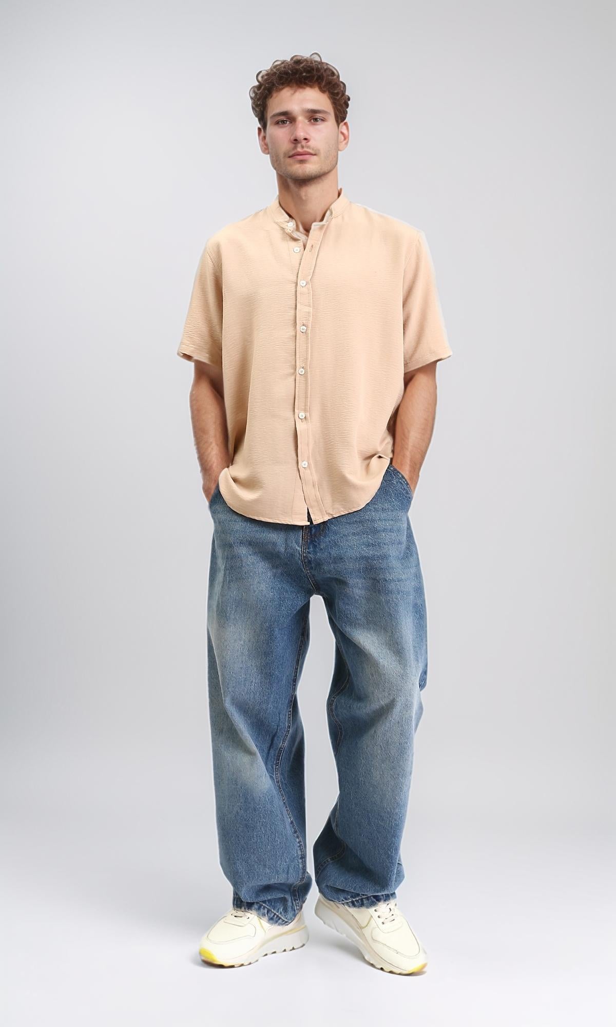 R208618 - Mandarin Collar Short Sleeves Shirt - Dark Nude