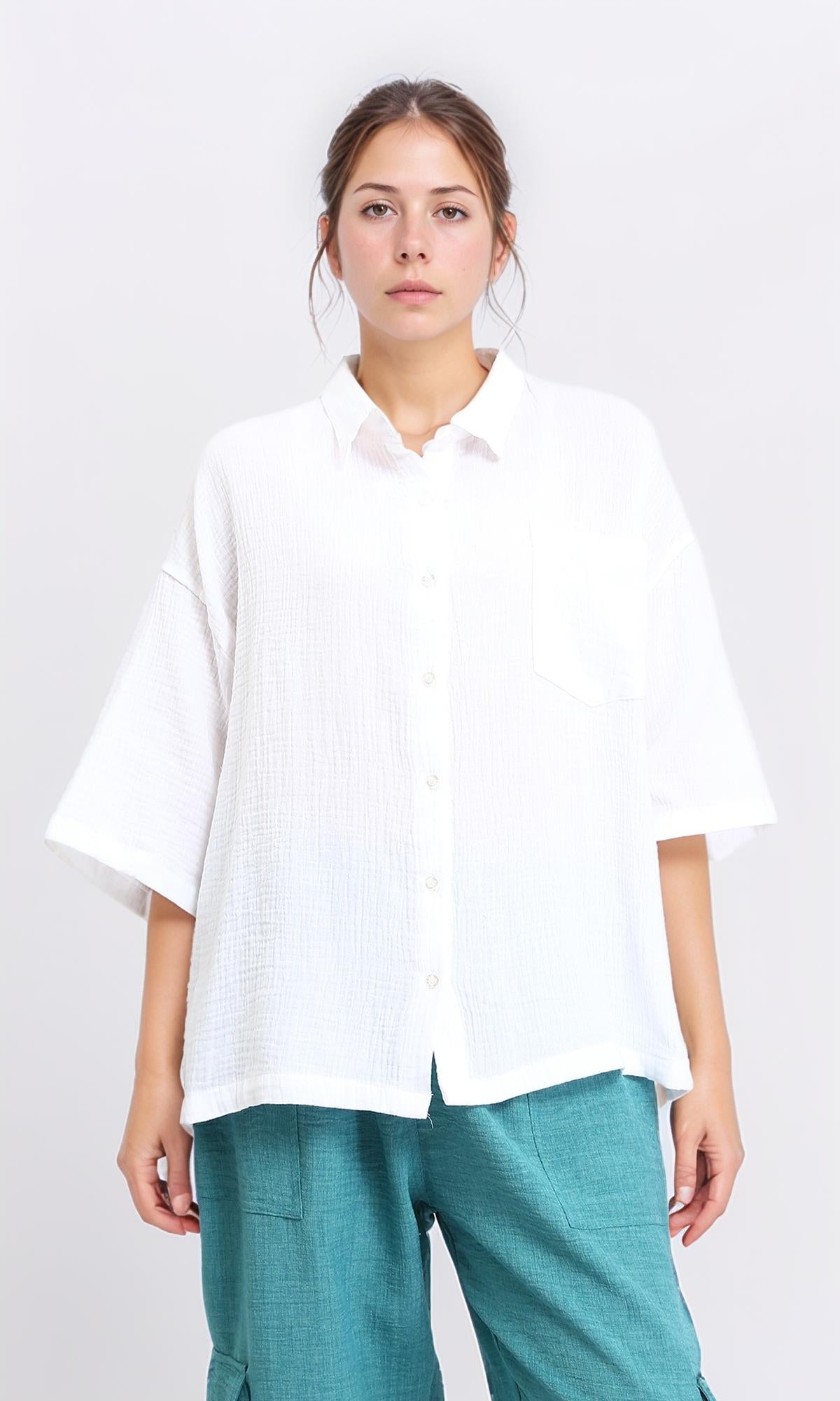 3\4 Wide Sleeves Textured Shirt - White