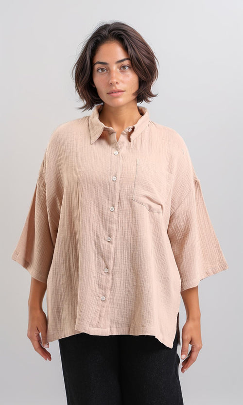 R208621-Elbow-Sleeves Buttoned Textured Shirt - Dark Beige