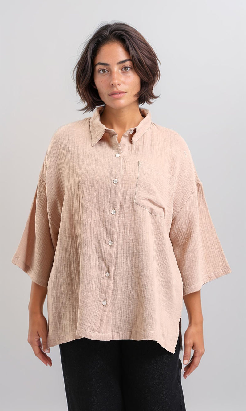 R208621-Elbow-Sleeves Buttoned Textured Shirt - Dark Beige