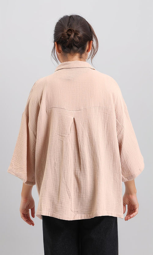 R208621-Elbow-Sleeves Buttoned Textured Shirt - Dark Beige