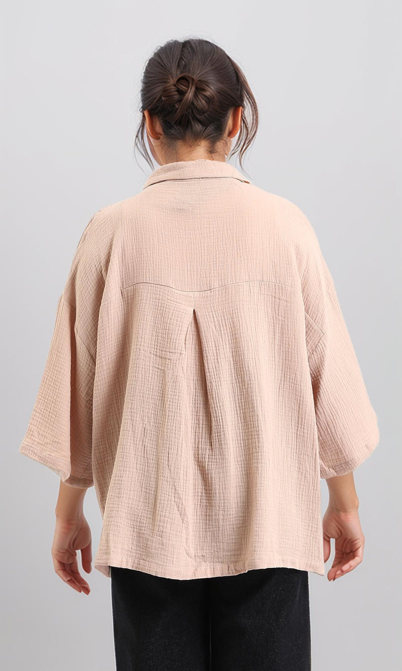 R208621-Elbow-Sleeves Buttoned Textured Shirt - Dark Beige