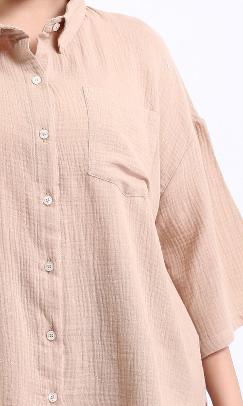 R208621-Elbow-Sleeves Buttoned Textured Shirt - Dark Beige