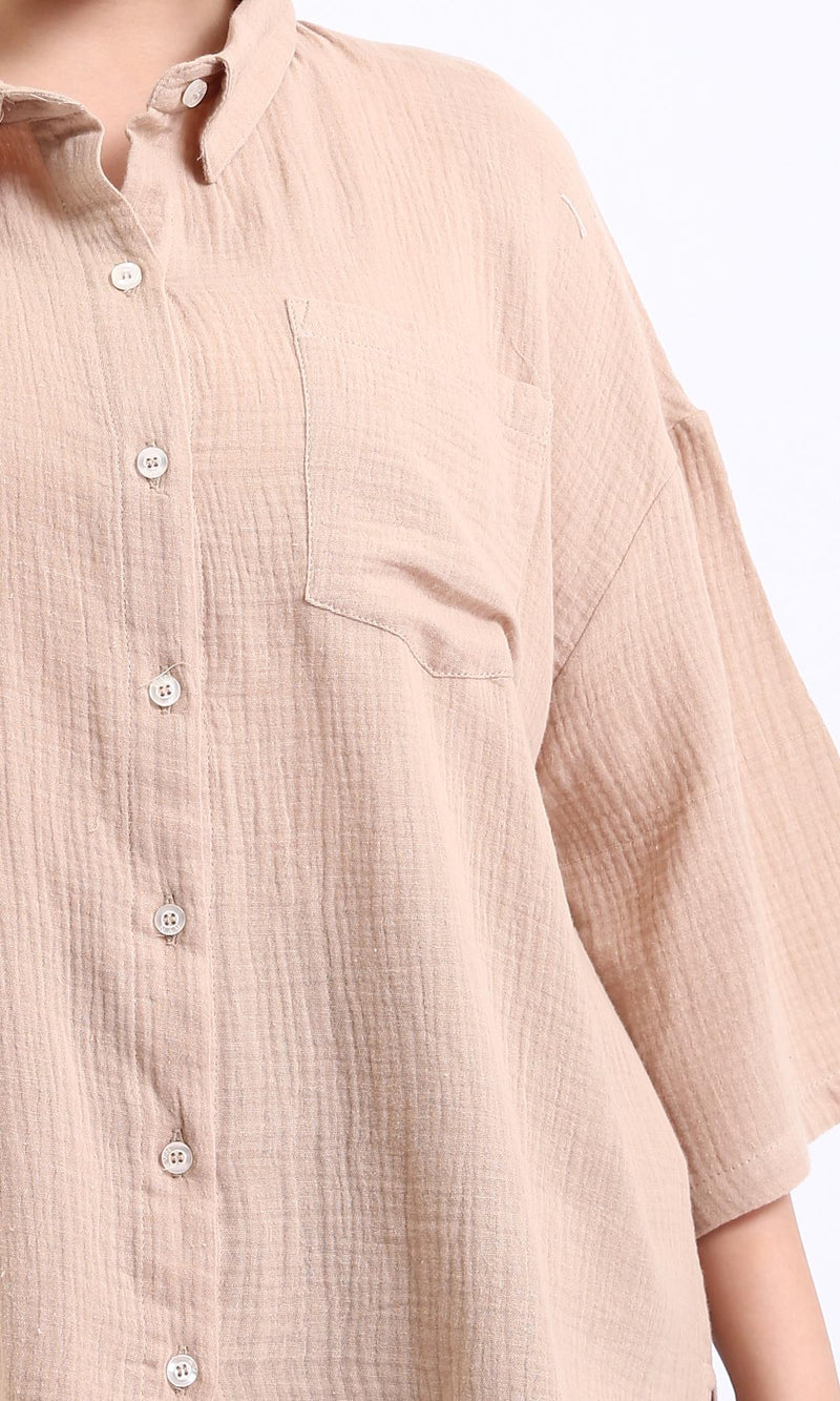 R208621-Elbow-Sleeves Buttoned Textured Shirt - Dark Beige
