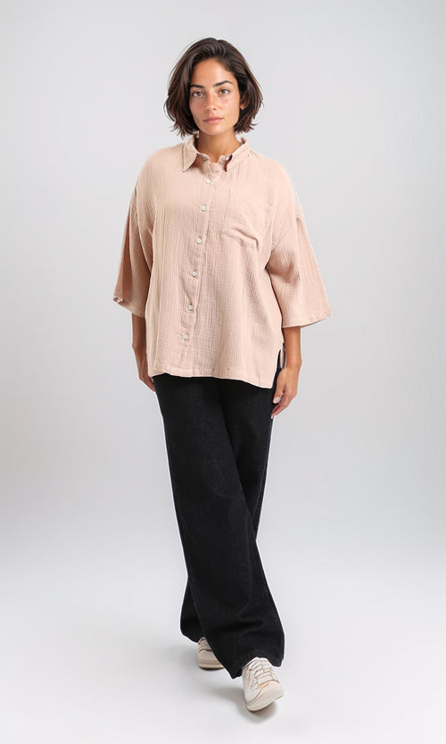 R208621-Elbow-Sleeves Buttoned Textured Shirt - Dark Beige