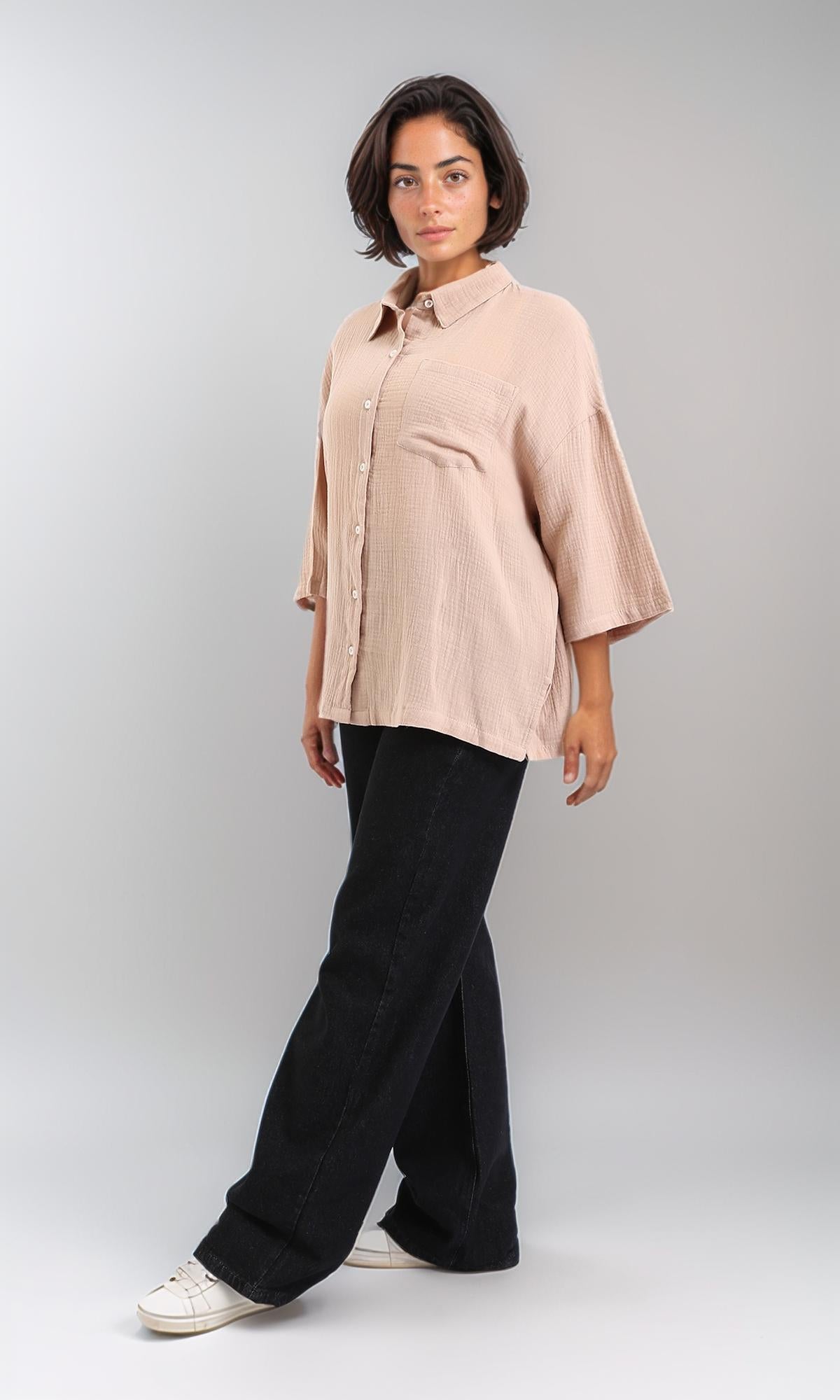 R208621-Elbow-Sleeves Buttoned Textured Shirt - Dark Beige