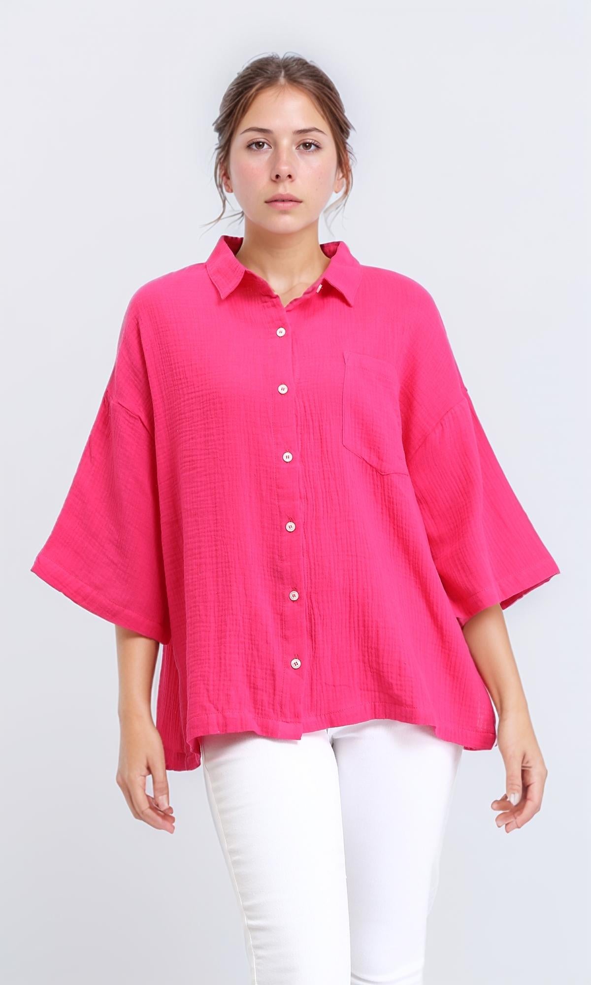 3\4 Wide Sleeves Textured Shirt - Fuchsia