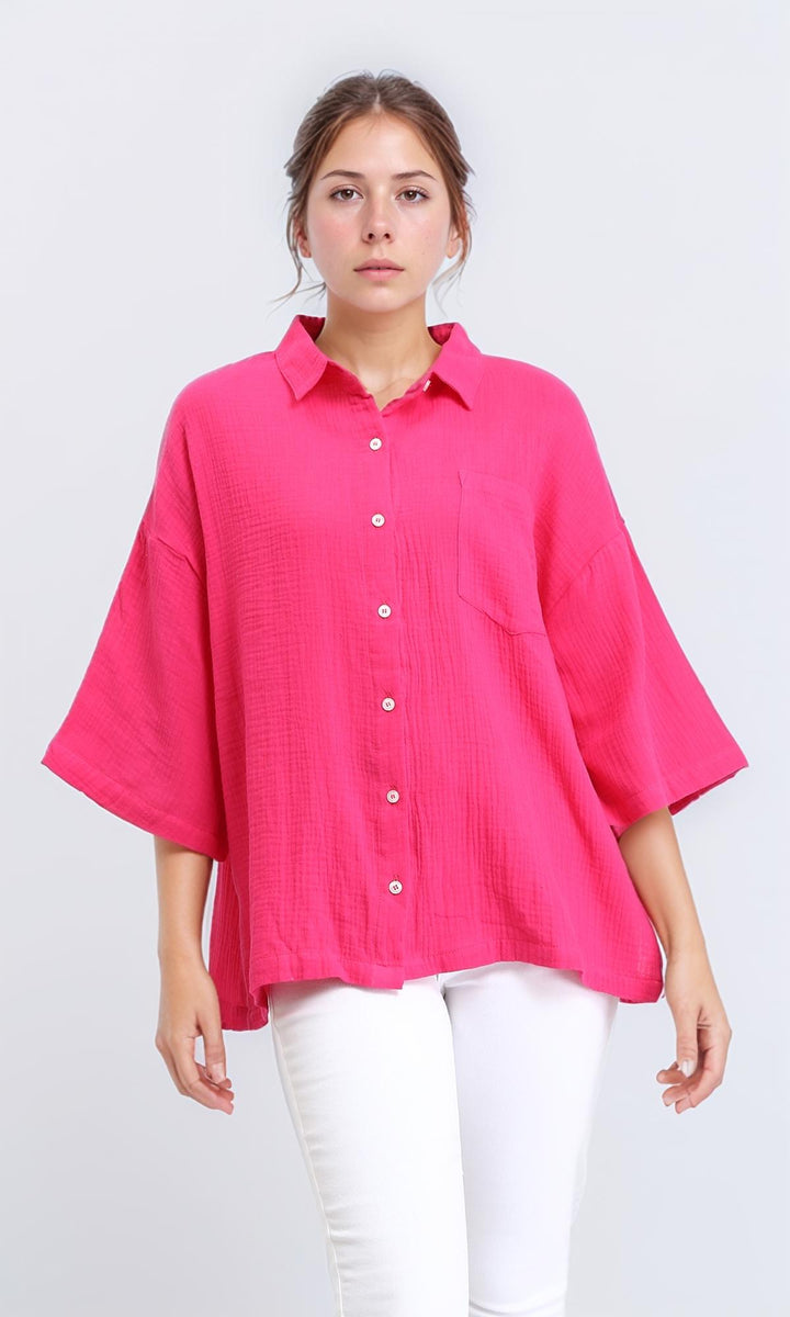 3\4 Wide Sleeves Textured Shirt - Fuchsia