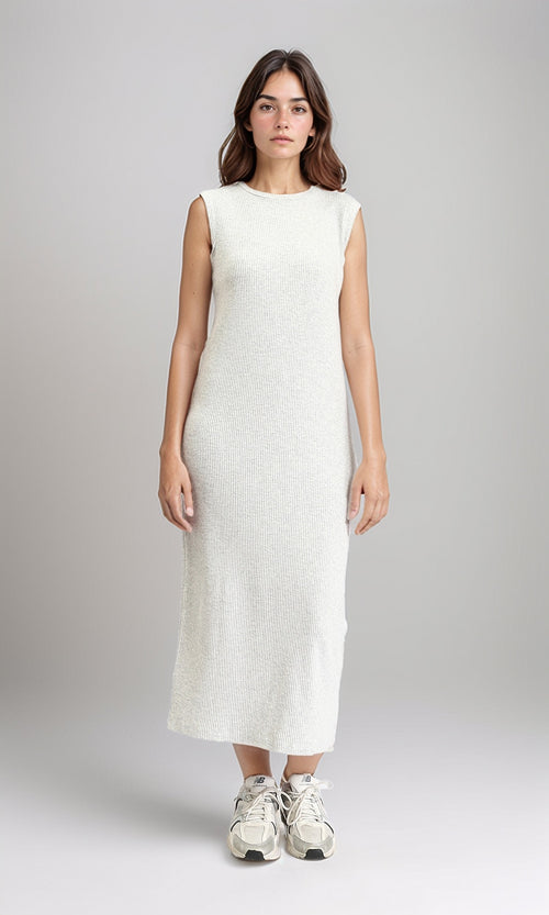 R208693 - Slip On Ribbed Sleeveless Maxi Dress - Heather Light Grey