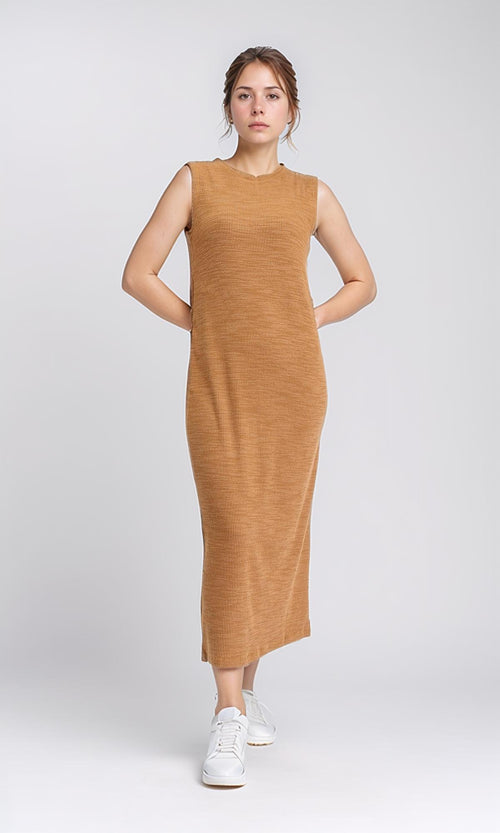 R208694 - Sleeveless Ribbed Cotton Maxi Dress - Dark Camel