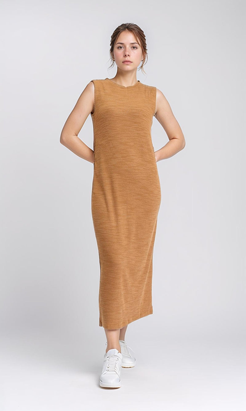 R208694 - Sleeveless Ribbed Cotton Maxi Dress - Dark Camel