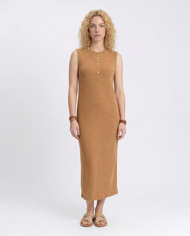 Sleeveless Ribbed Cotton Maxi Dress - Dark Camel