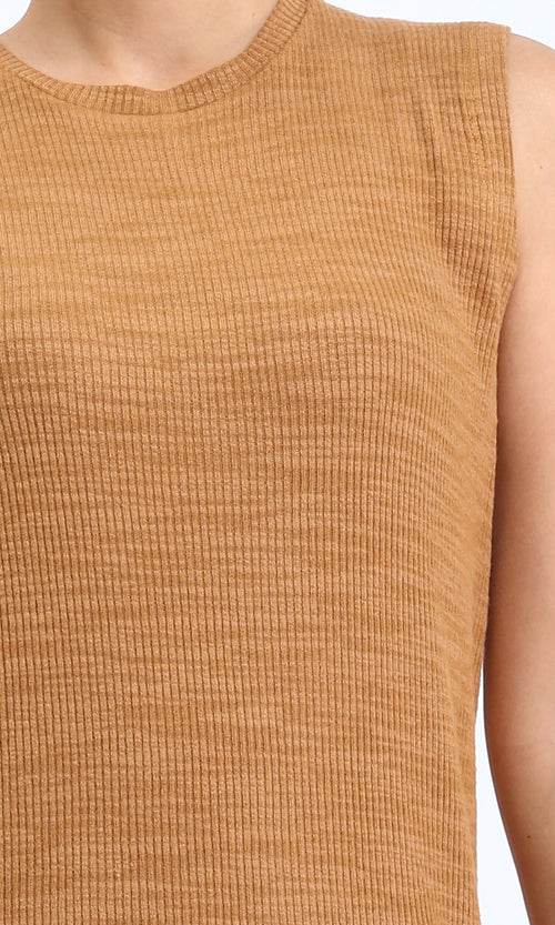 R208694 - Sleeveless Ribbed Cotton Maxi Dress - Dark Camel