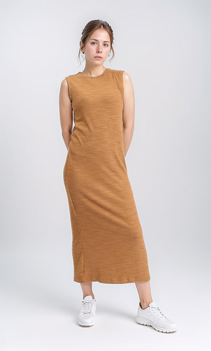 R208694 - Sleeveless Ribbed Cotton Maxi Dress - Dark Camel