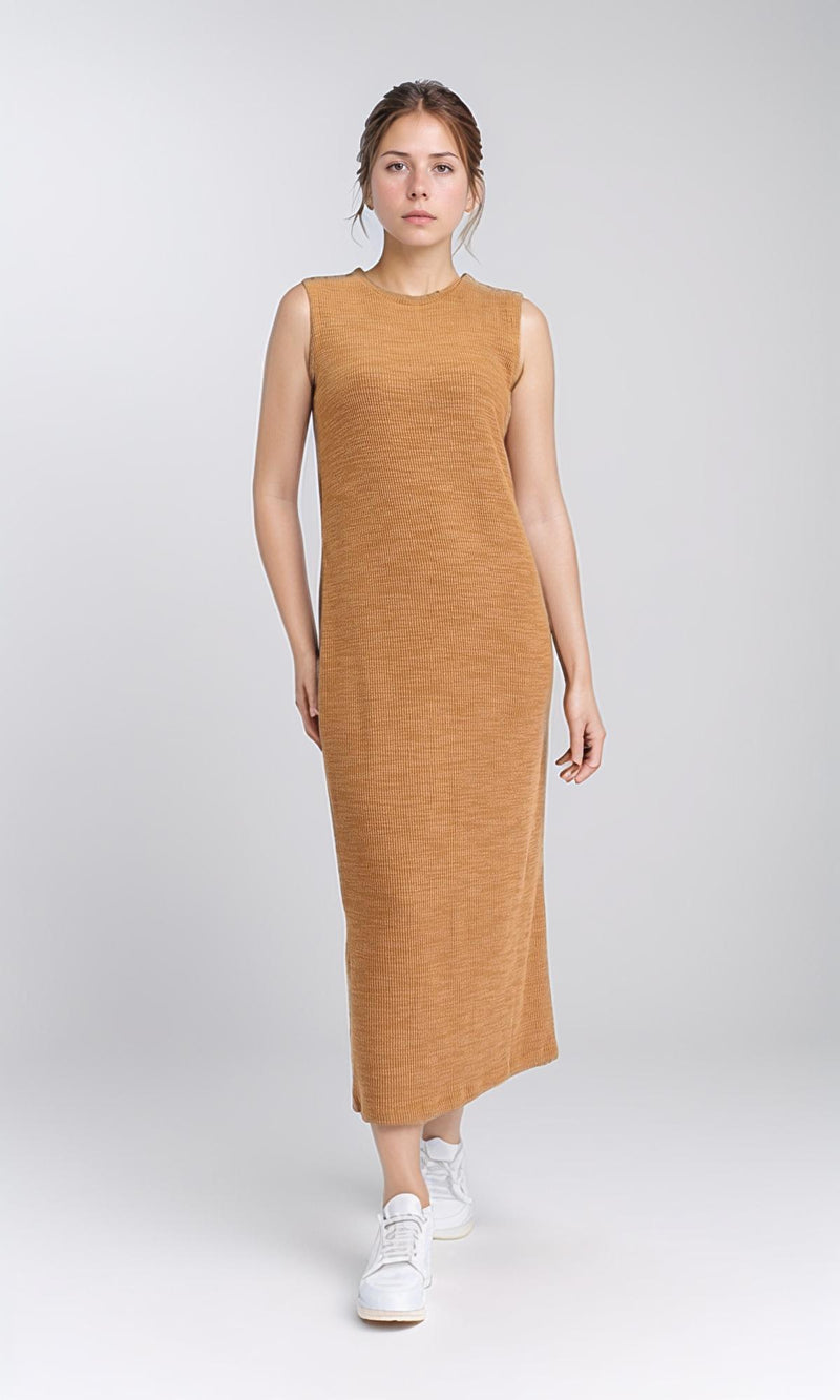 R208694 - Sleeveless Ribbed Cotton Maxi Dress - Dark Camel