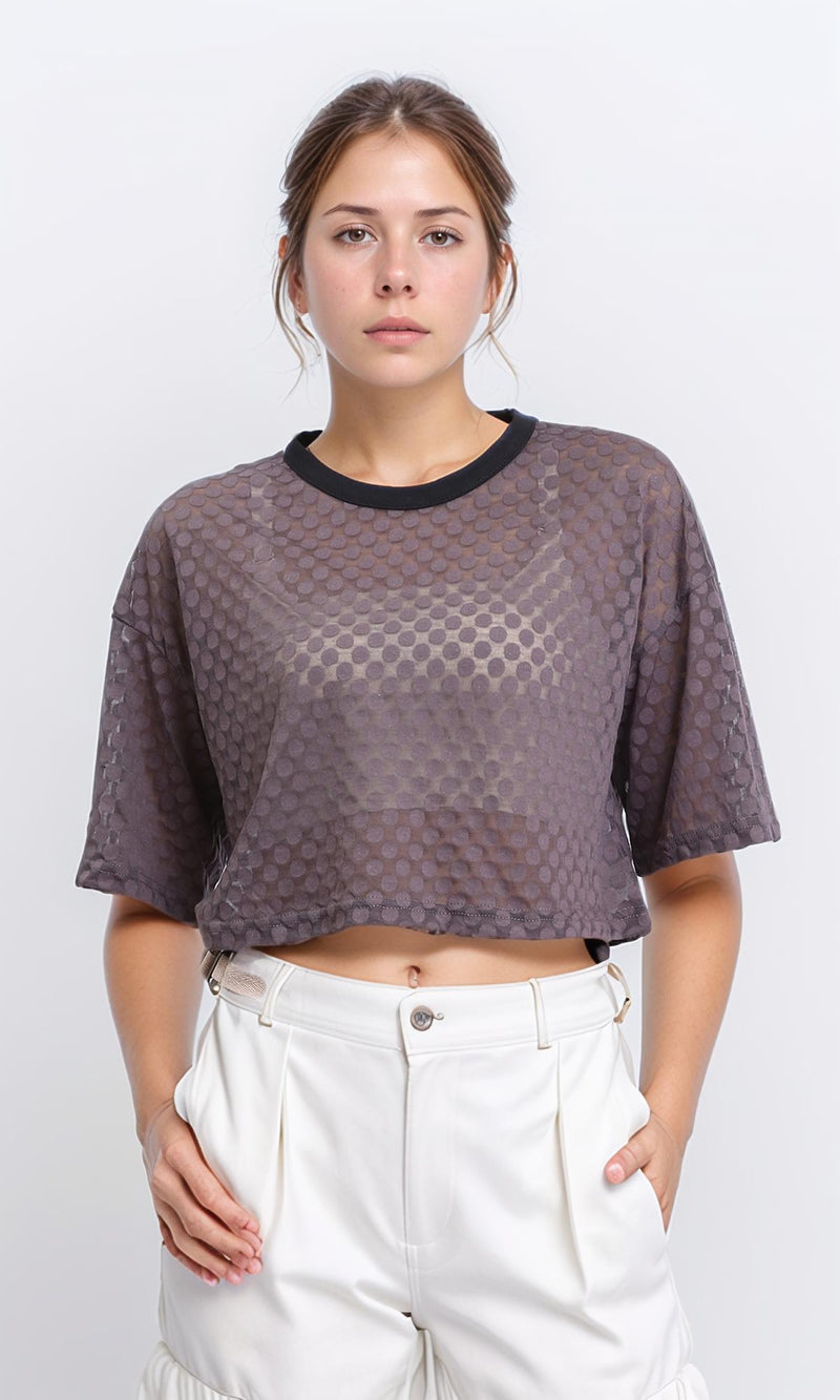 R208700 - Polka Dots Sheer Elbow Sleeves Tee - Dark Grey