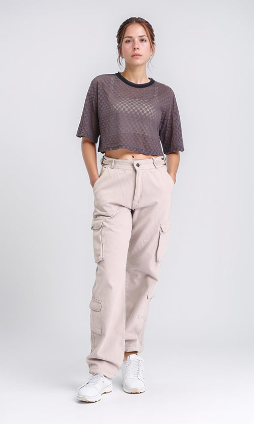 R208700 - Polka Dots Sheer Elbow Sleeves Tee - Dark Grey