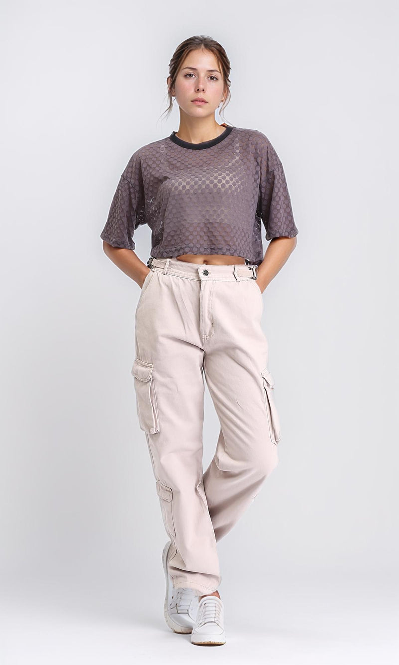 R208700 - Polka Dots Sheer Elbow Sleeves Tee - Dark Grey