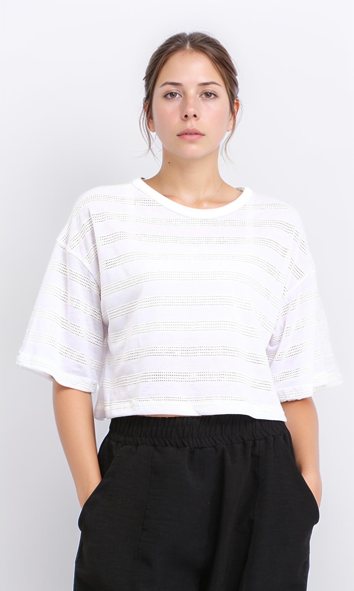Relaxed Perforated Elbow Sleeves Tee - White