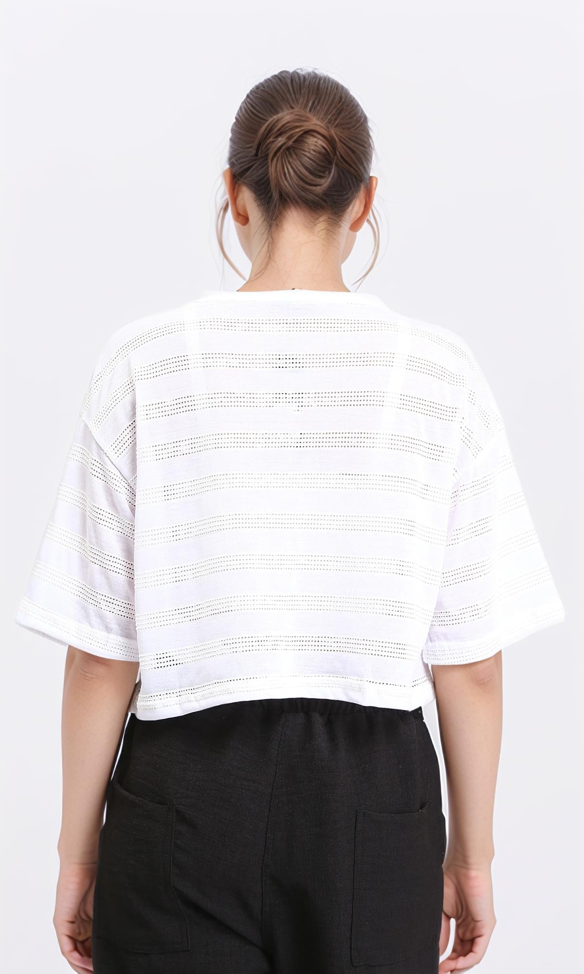 R208701 - Relaxed Perforated Elbow Sleeves Tee - White