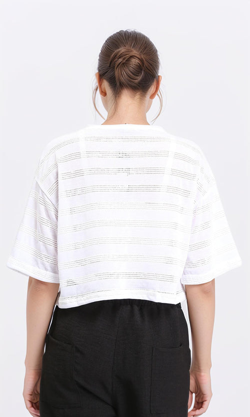 R208701 - Relaxed Perforated Elbow Sleeves Tee - White