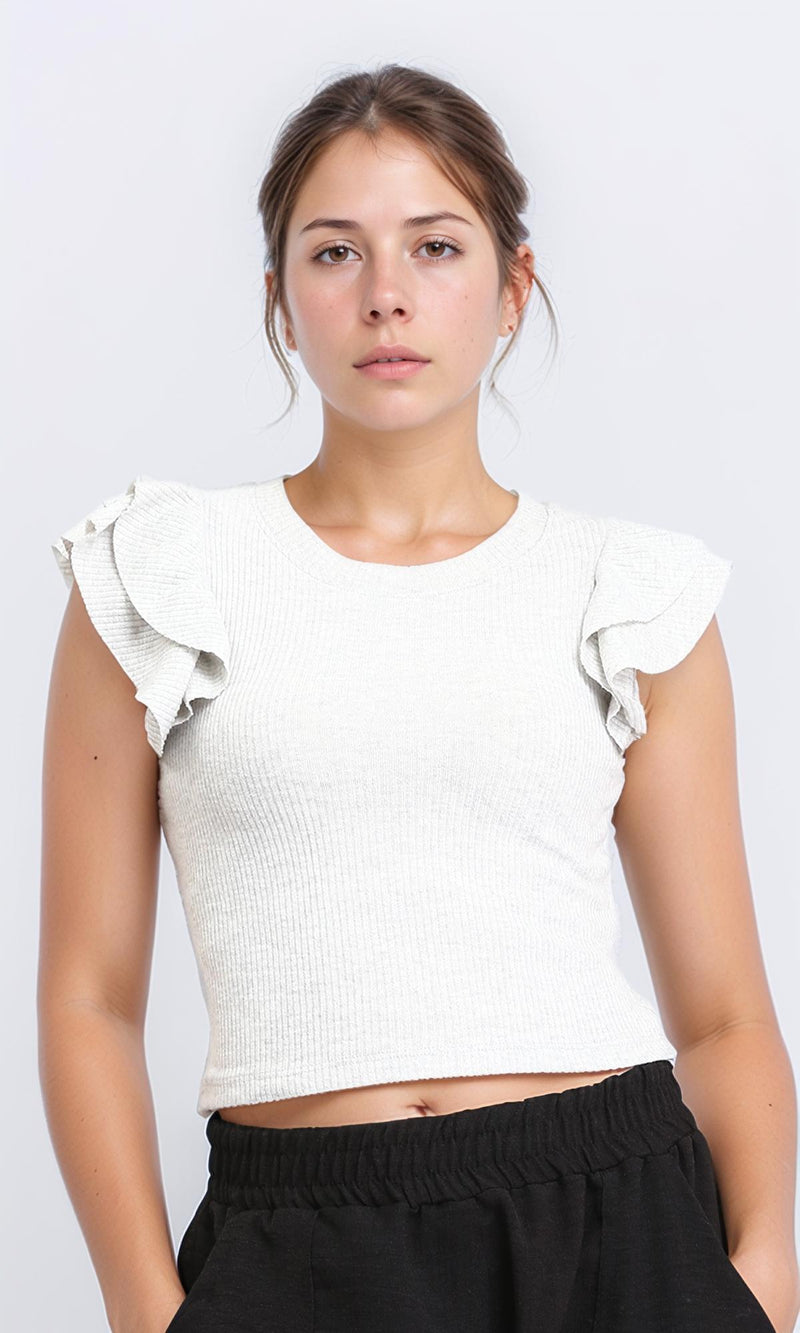 R208703 - Ruffled Sleeveless Feminie Top - Light Grey