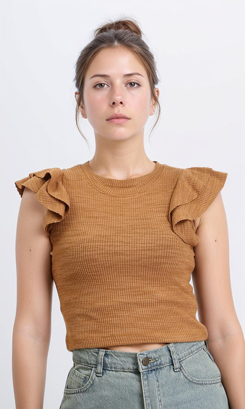 Ruffled Sleeveless Feminie Top - Dark Camel