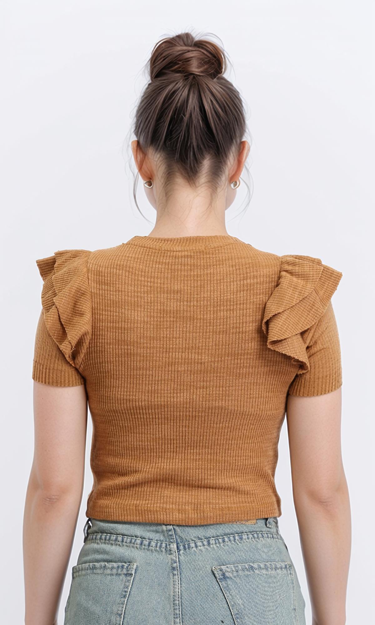 R208704 - Ruffled Sleeveless Feminie Top - Dark Camel