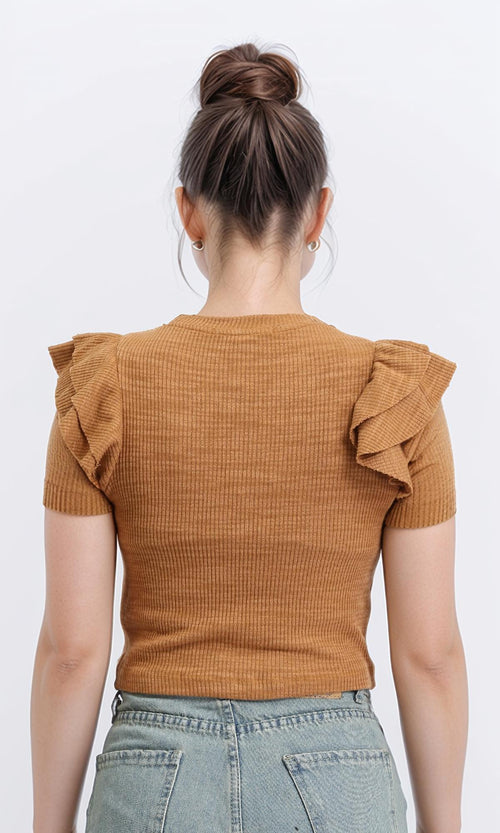 R208704 - Ruffled Sleeveless Feminie Top - Dark Camel