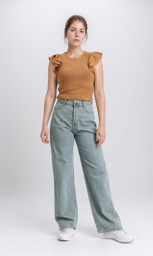 R208704 - Ruffled Sleeveless Feminie Top - Dark Camel