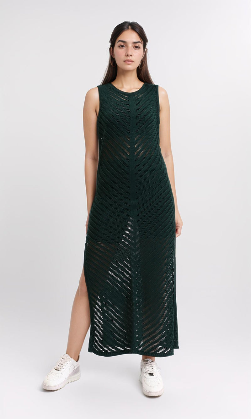 R208720 - Sleeveless Dress with Side Slits - Dark Green