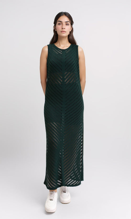 R208720 - Sleeveless Dress with Side Slits - Dark Green