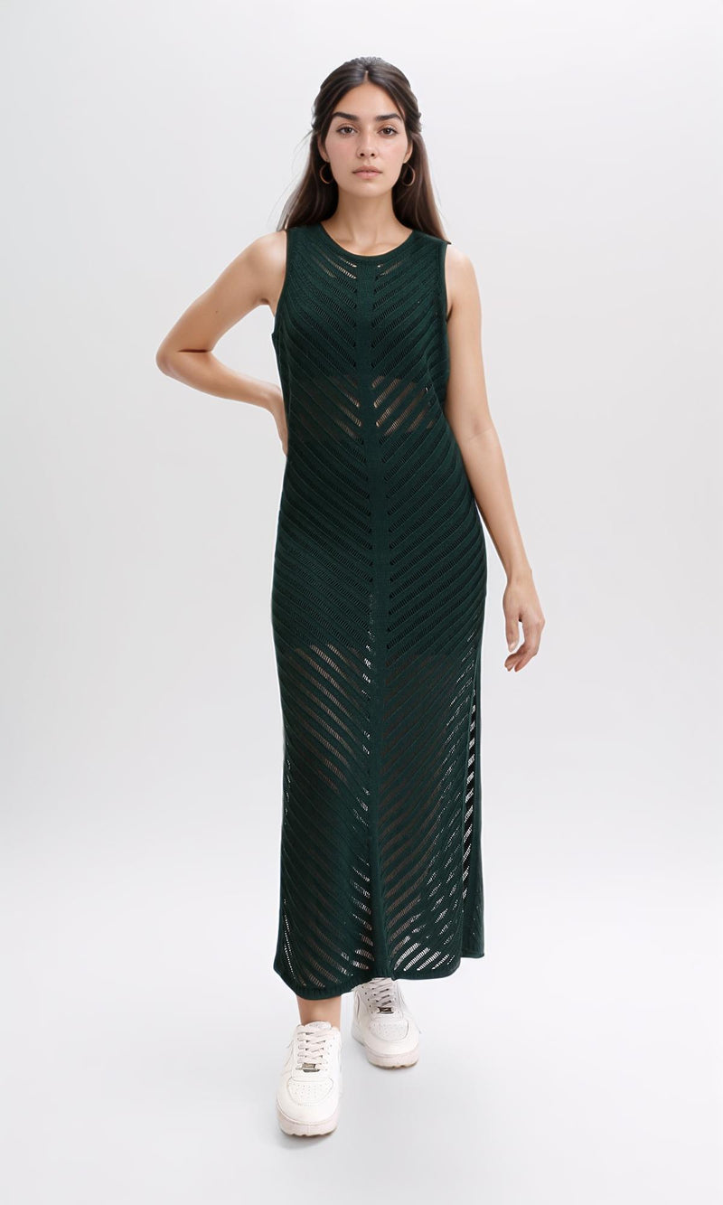 R208720 - Sleeveless Dress with Side Slits - Dark Green