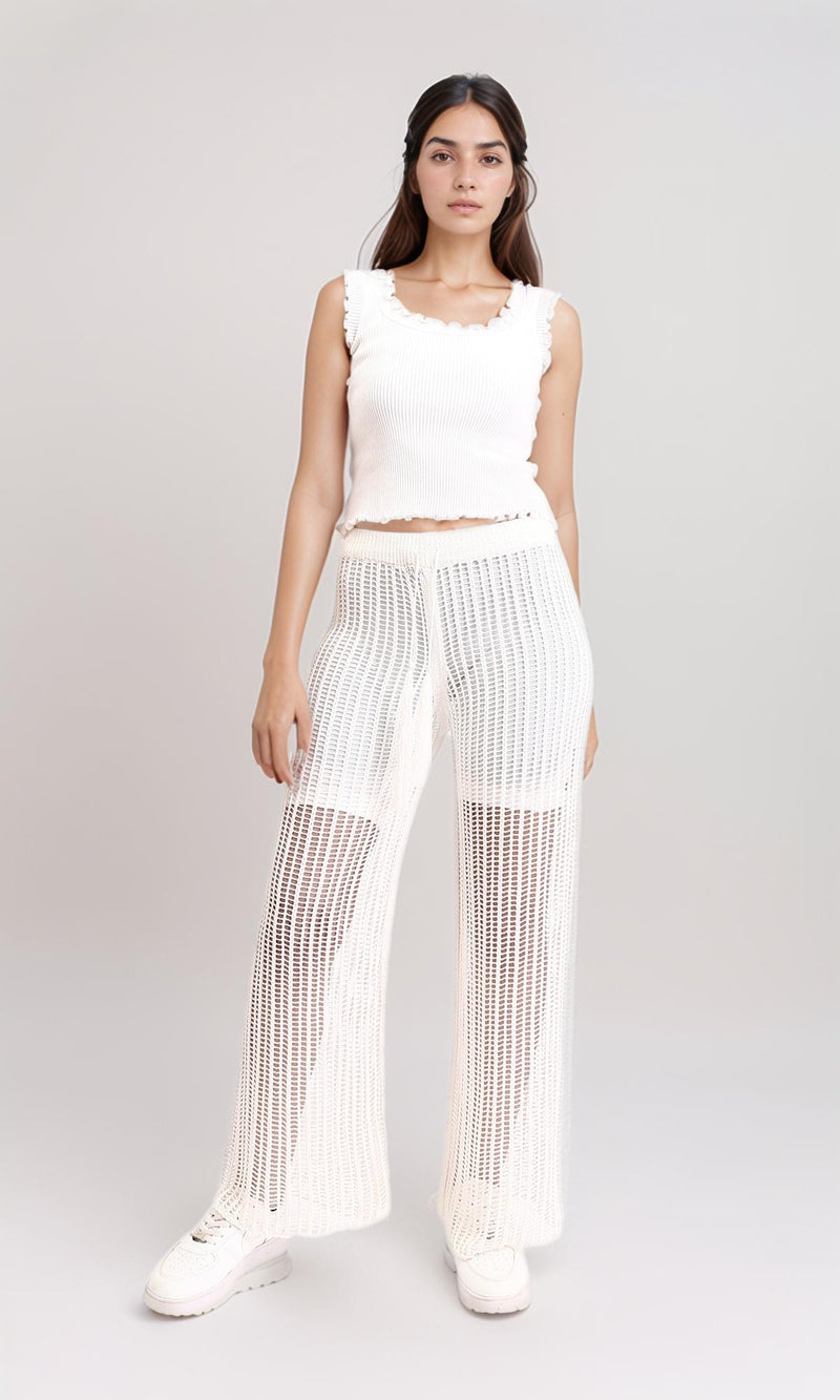 R208724 - Perforated Slip On Summer Pants - Off-White