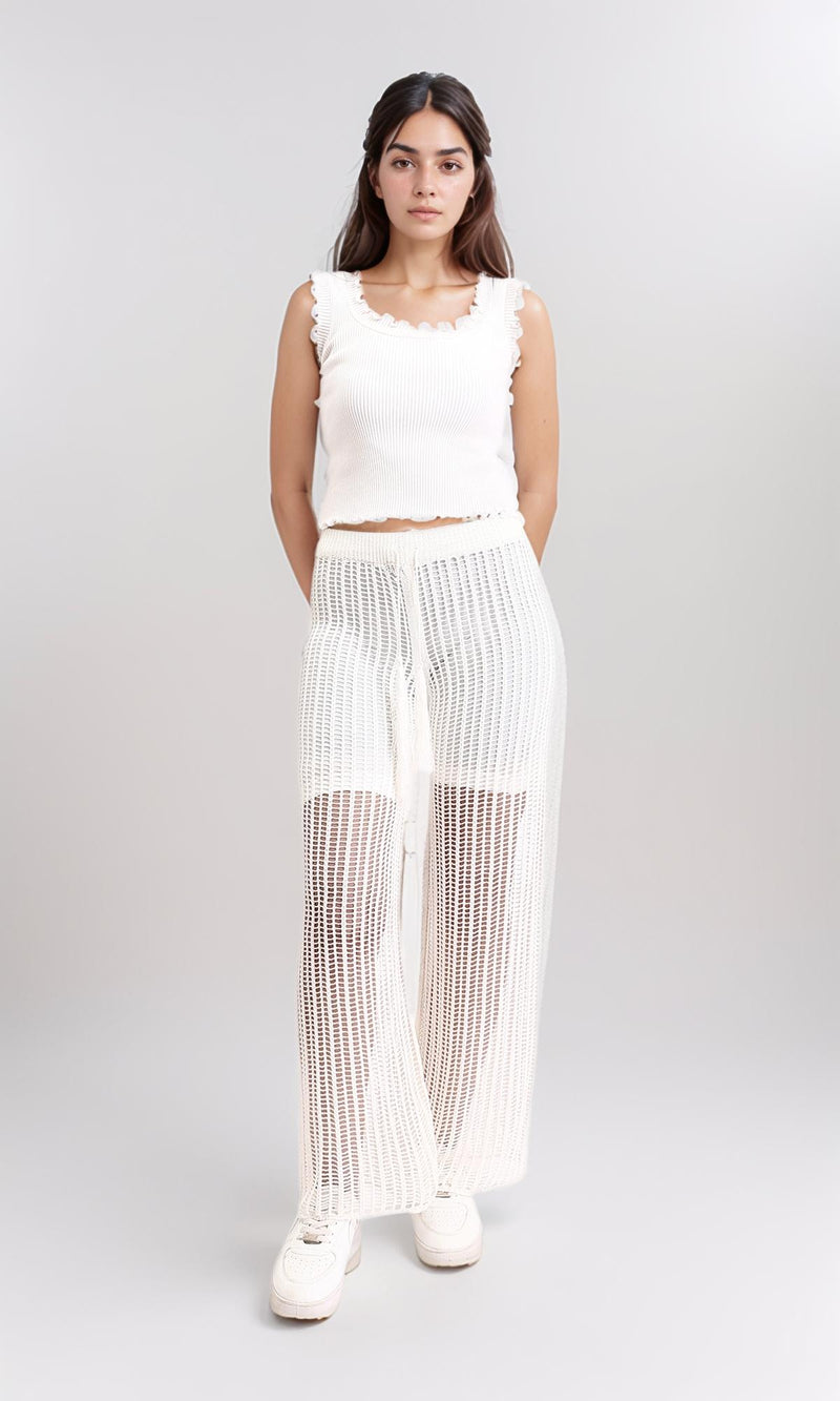R208724 - Perforated Slip On Summer Pants - Off-White