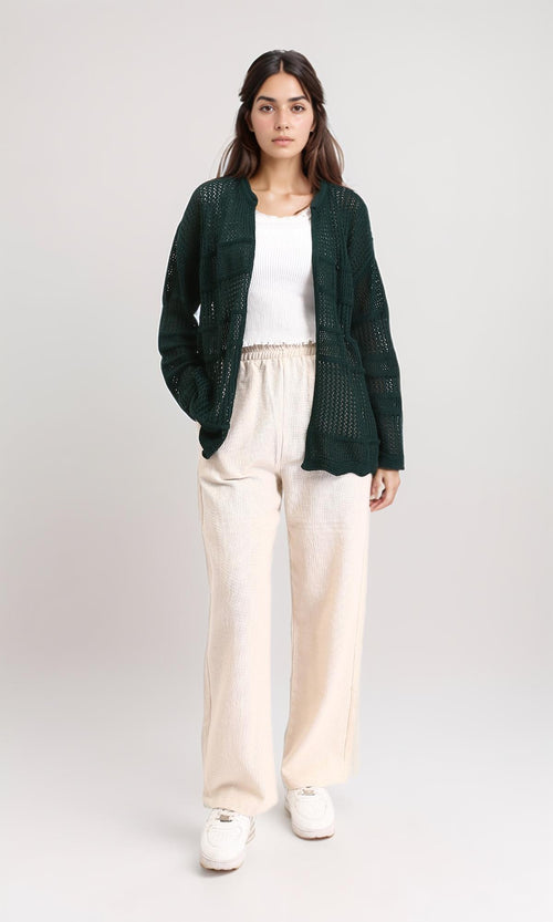 R208725 - Slip On Perforated Short Cardigan - Dark Green