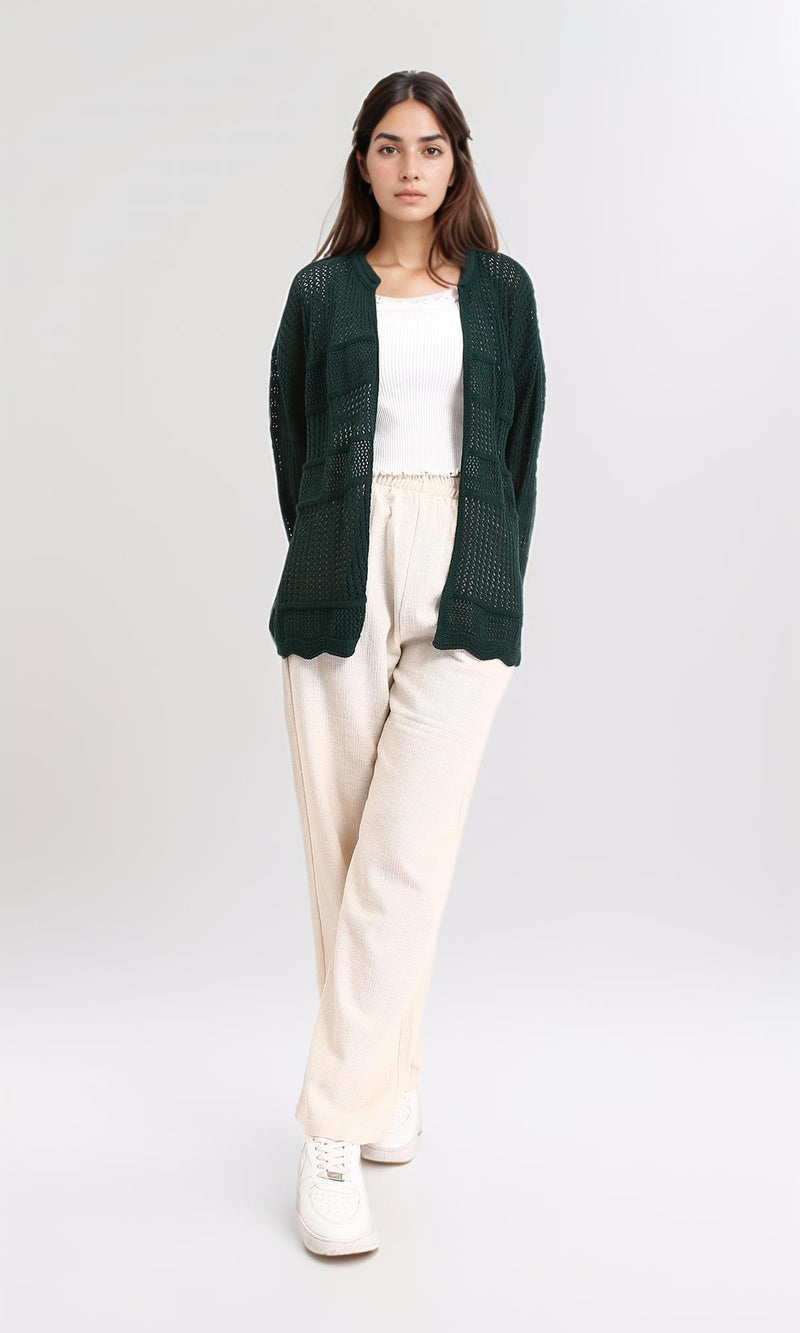 R208725 - Slip On Perforated Short Cardigan - Dark Green
