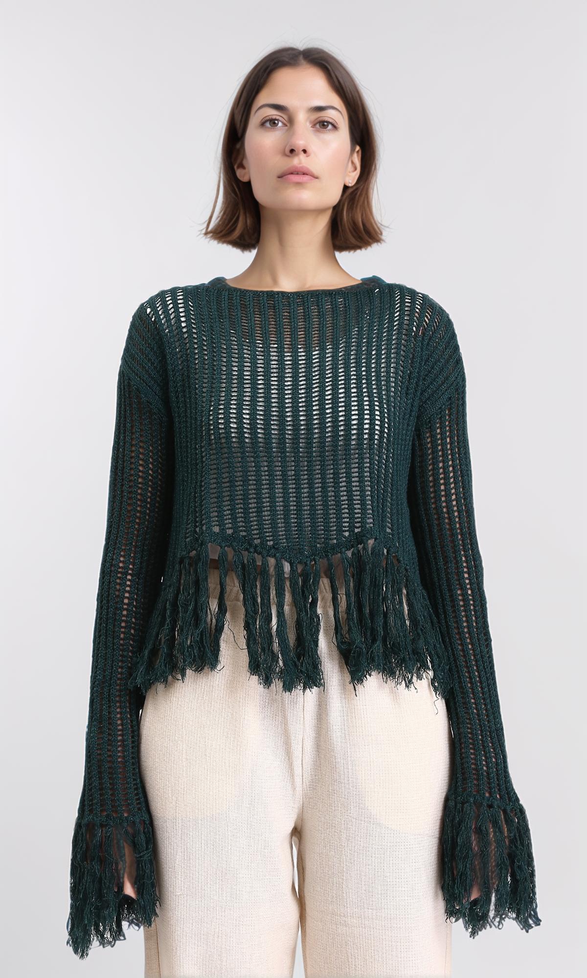 Boat Neck Perforated Top with Tassels - Dark Green